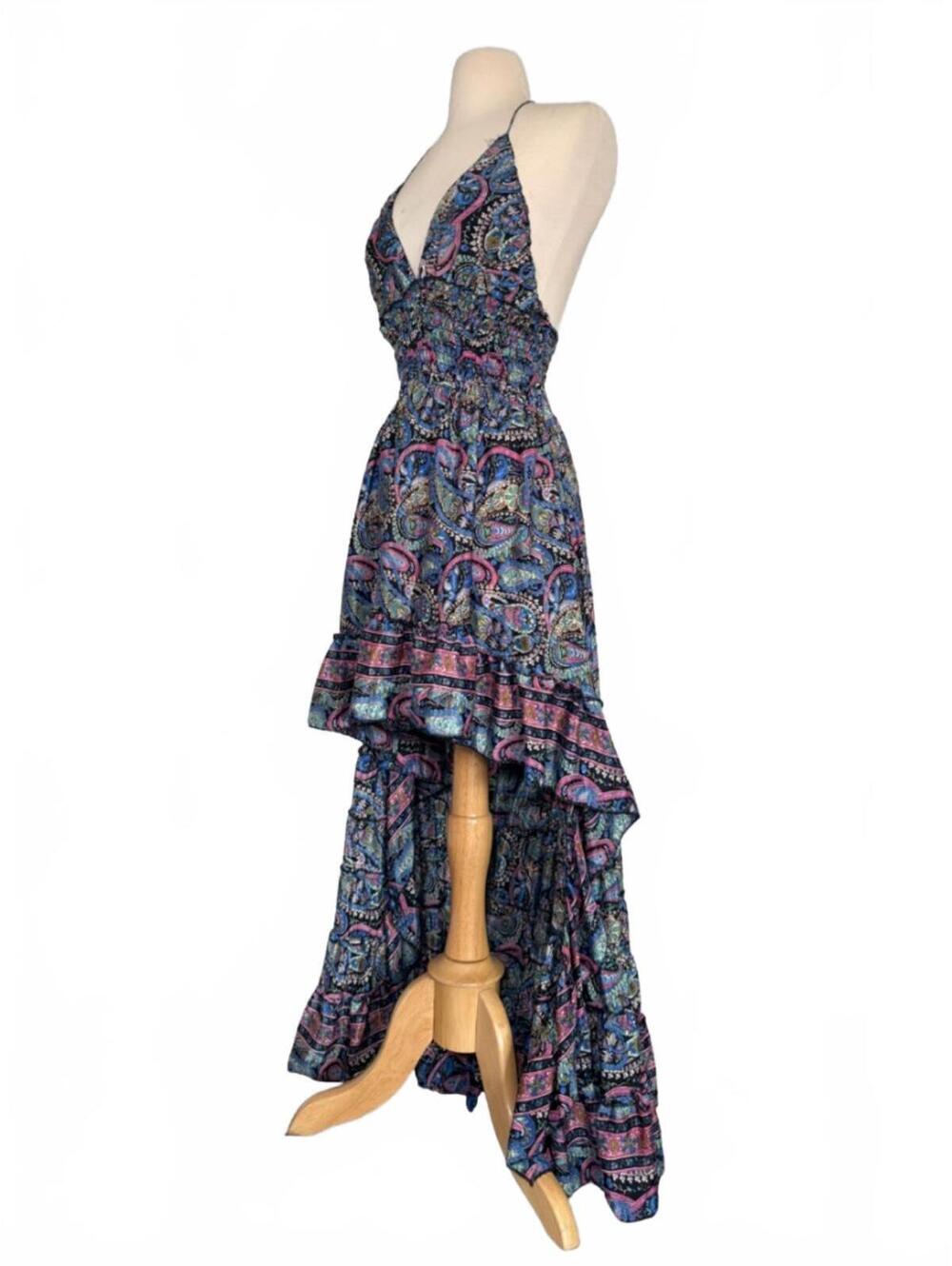 Zury High-Low Halter Maxi Dress | Boho Paisley Satin Blend | Size S/M